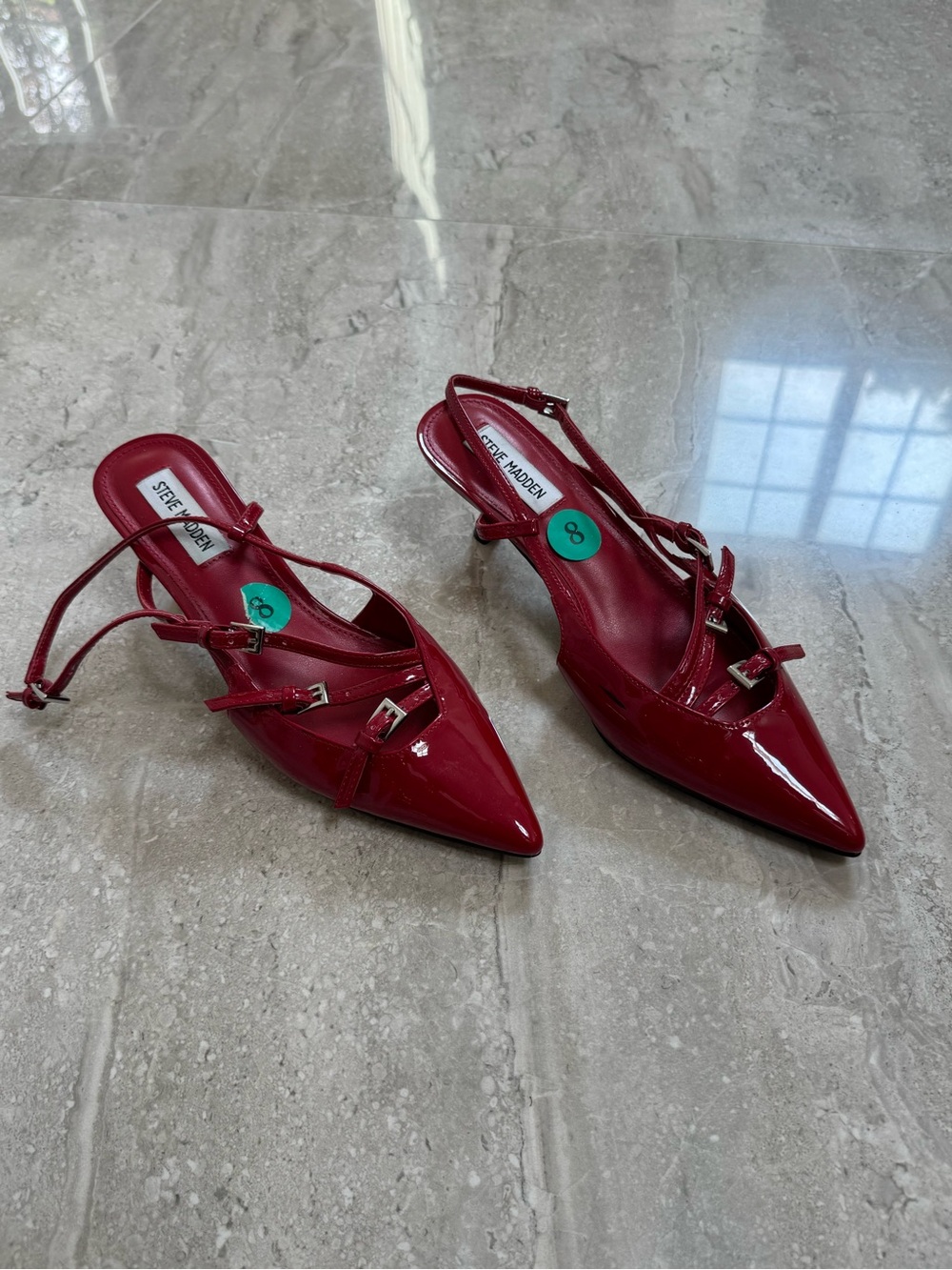 Steve Madden Red Patent Pointed Slingback Heels with Buckle Straps